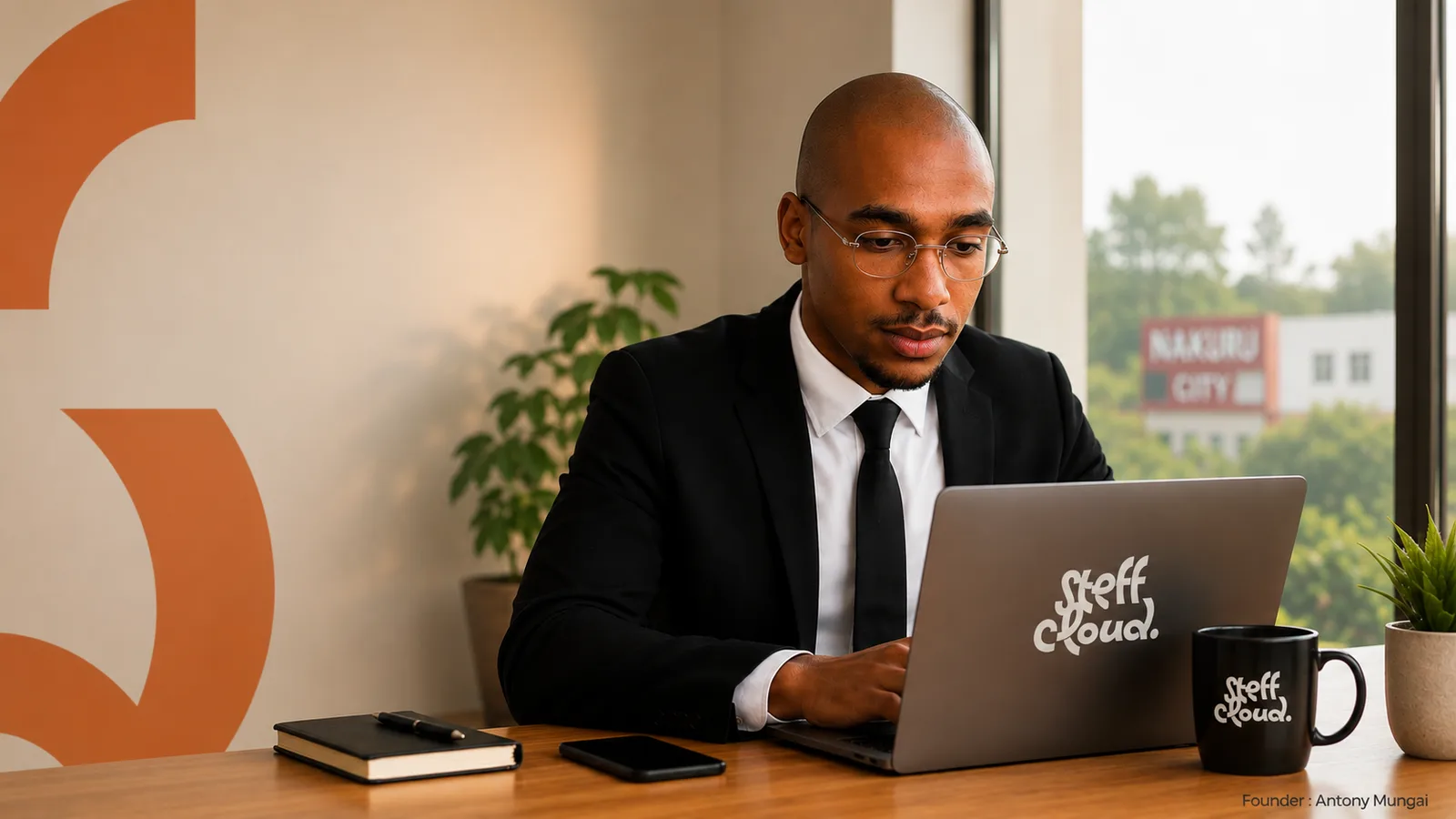 Antony Mungai, founder of Steff Cloud, working at a laptop in Nakuru